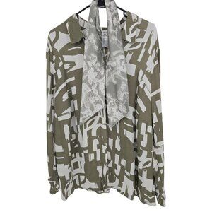 Rick Cardona Size 18 Womens Top Green White Art to Wear Geometric Blouse